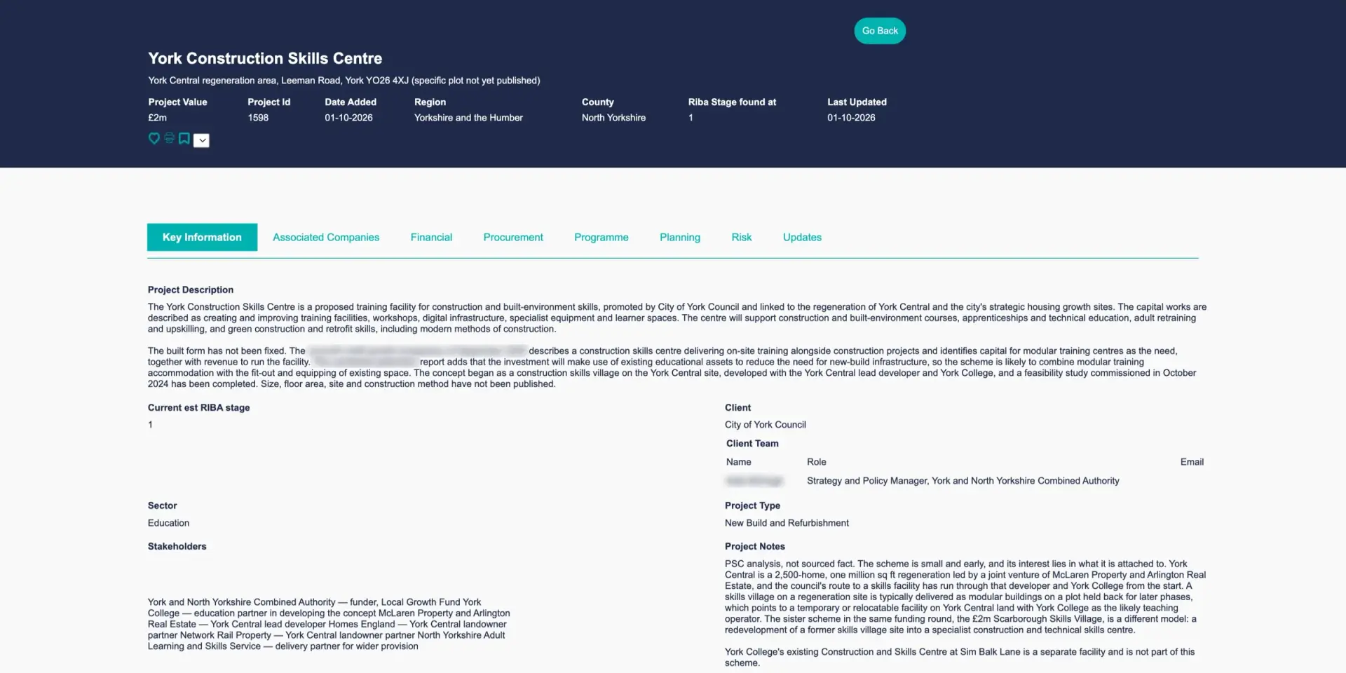 A PSC Pipeline project record in the client portal
