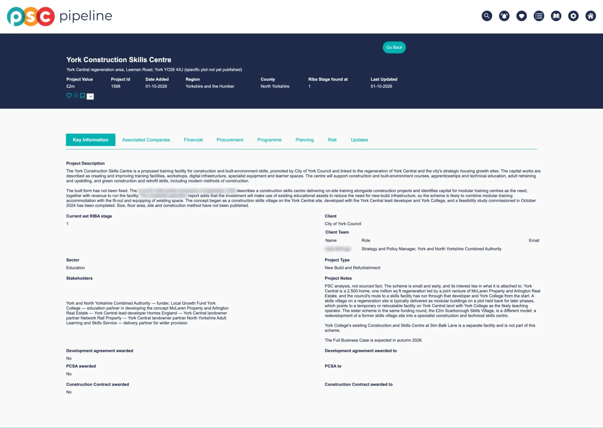 The Key Information tab of a PSC project record