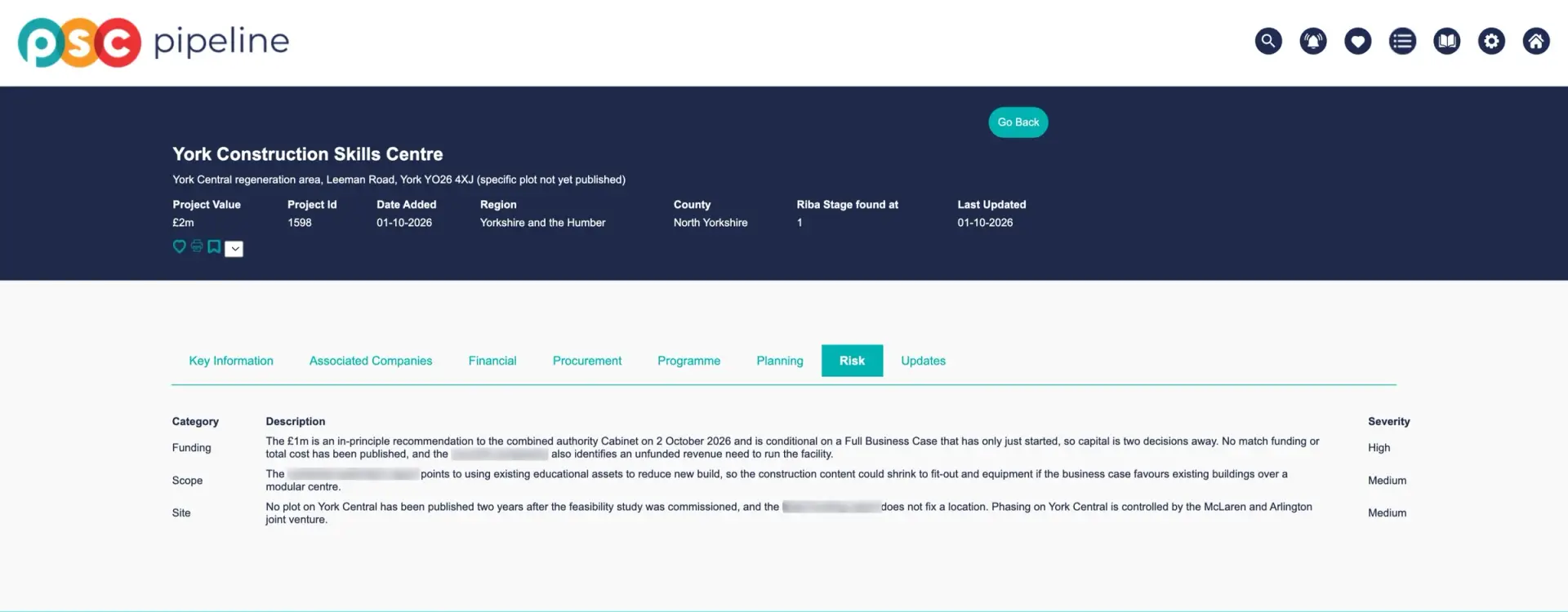 The Risk tab of a PSC project record