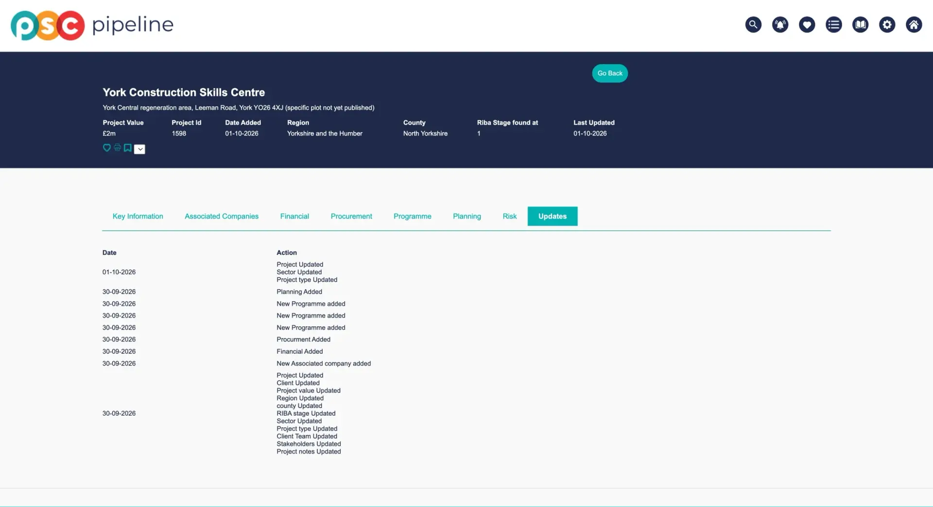 The dated Updates log on a PSC project record